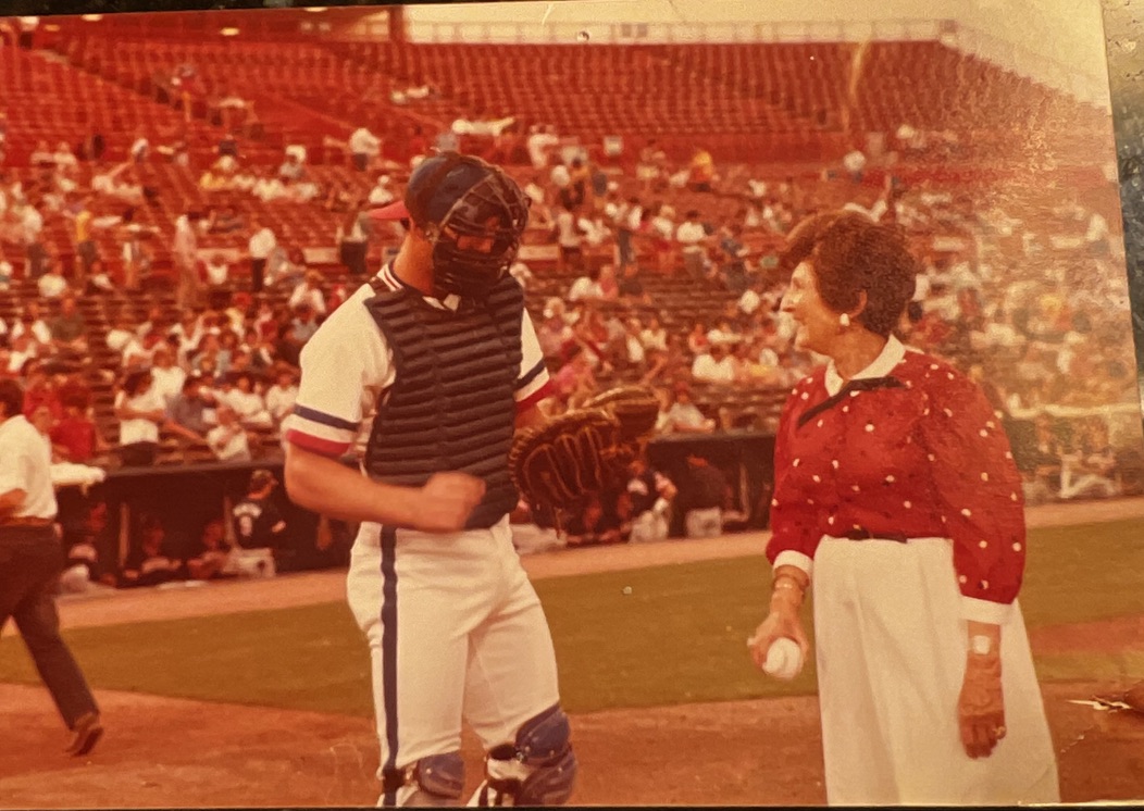 Andrew Hillman with grandmother at Texas Rangers ceremonial first pitch