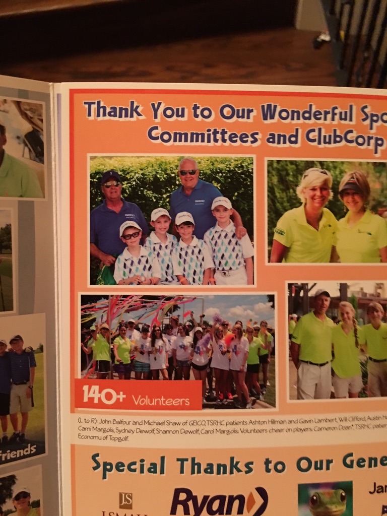 Andrew Hillman. KidSwing thank-you page to sponsors, committees, and ClubCorp. Printed caption names TSRHC patients Ashton Hillman and Gavin Lambert.