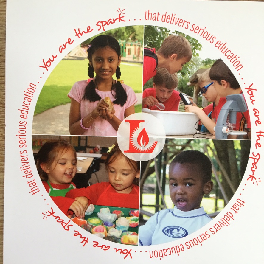 Andrew Hillman. Lamplighter School circular four-quadrant composite with motto You are the spark that delivers serious education. Ashton is in this photograph.