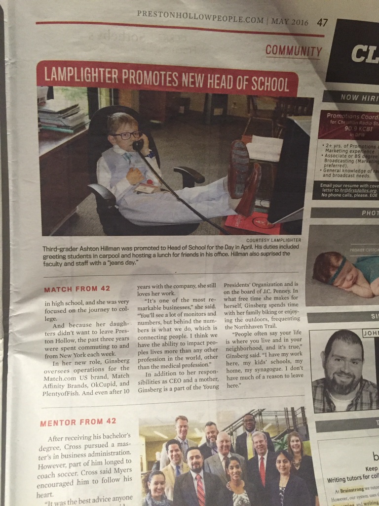 Andrew Hillman. Preston Hollow People, May 2016, page 47. Headline: LAMPLIGHTER PROMOTES NEW HEAD OF SCHOOL. Third-grader Ashton Hillman as Head of School for the Day.